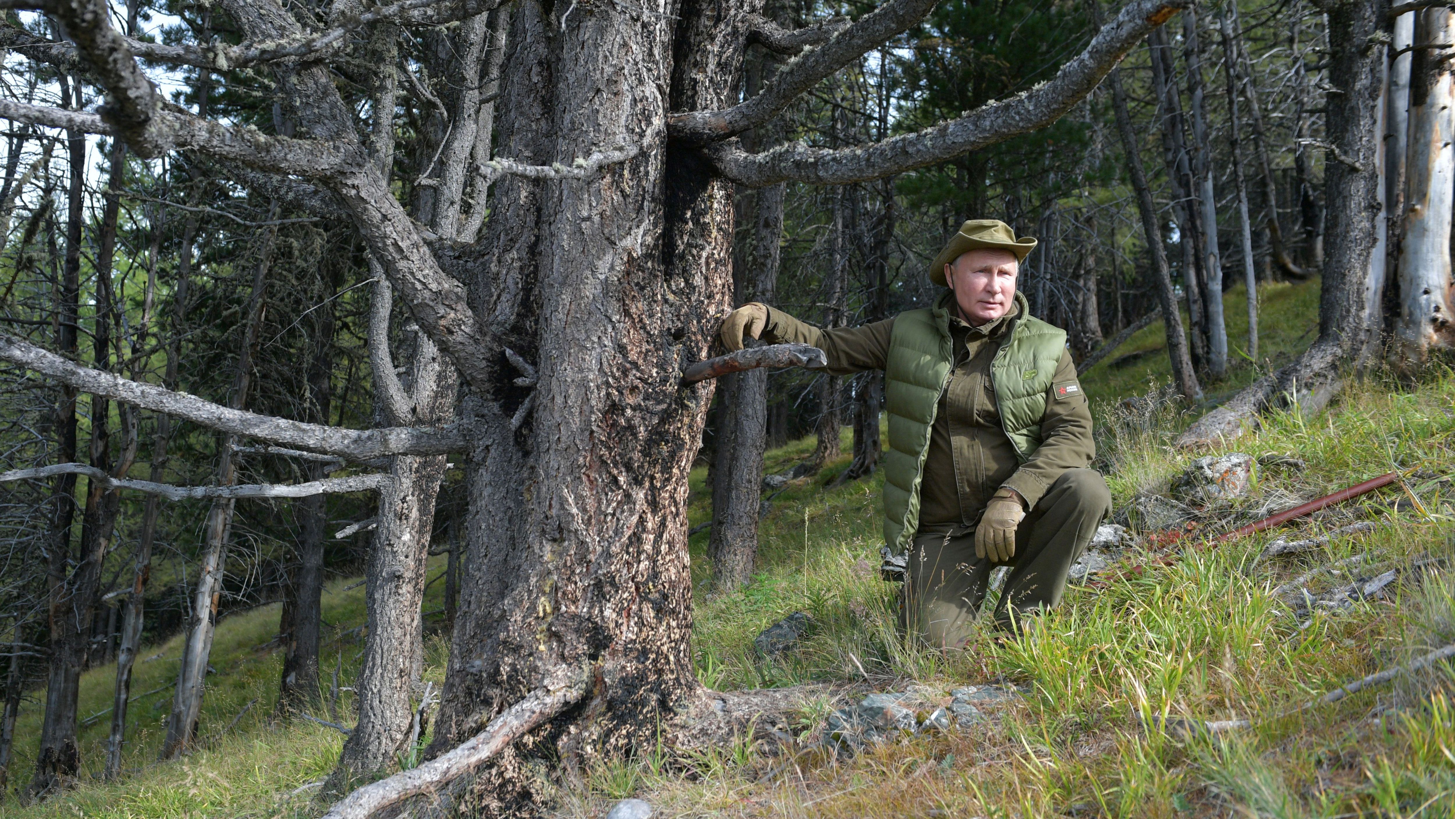 7. Oktober 2019: Putin wird während seines Urlaubs in der sibirischen Taiga fotografiert.