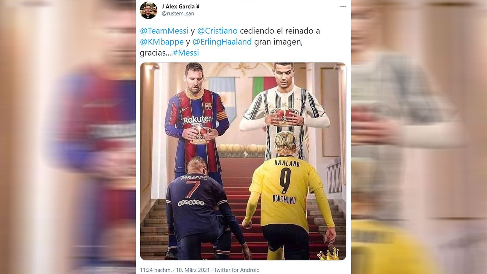 
                <strong>Die Netzreaktionen zum Champions-League-Aus des FC Barcelona</strong><br>
                Dieses Bild hat einiges an Symbolkraft. Übergeben Lionel Messi und Cristiano Ronaldo ihre Rolle als absolute Superstars wirklich schon jetzt an die nächste Generation um Kylian Mbappe und Erling Haaland weiter? Zumindest haben der PSG- und Dortmund-Stürmer es in diesem Jahr definitiv weiter in der Champions League geschafft als die beiden "alten Herren". 
              