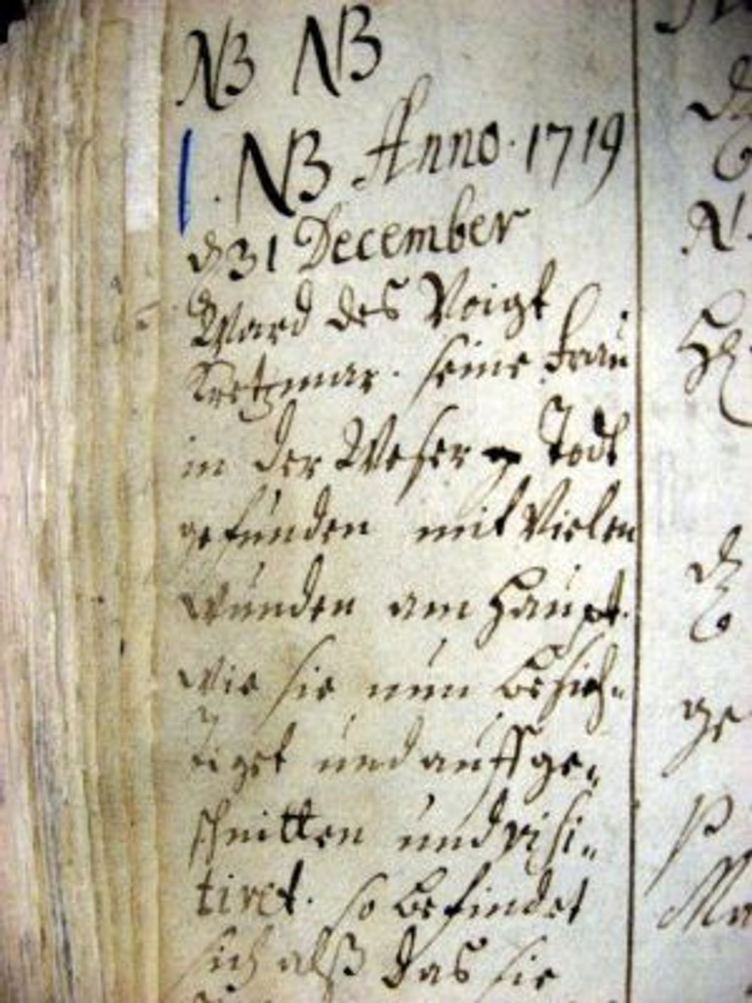 Auszug des Eintrags zum Mord in Windheim 1719 im Kirchenbuch.