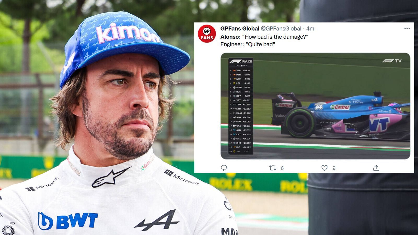 
                <strong>Fernando Alonso fällt früh aus</strong><br>
                "Wie schlimm ist der Schaden" fragte Fernando Alonso seine Crew nachdem er bereits früh im Rennen von Mick Schumacher erwischt wurde. Die Antwort per Funkspruch war eindeutig: "Ziemlich schlimm". Für den Spanier ging es nicht mehr weiter.
              