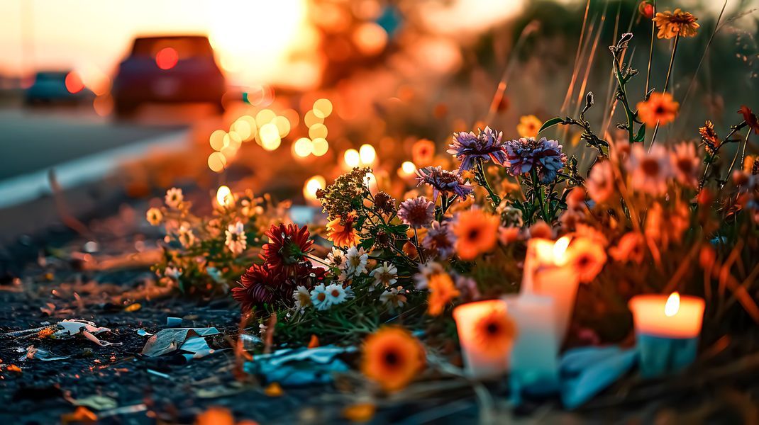 An einer Unfallstelle liegen Kerzen und Blumen, die zu Tode gekommenen Verkehrsteilnehmer:innen gedenken sollen. (Symbolbild)