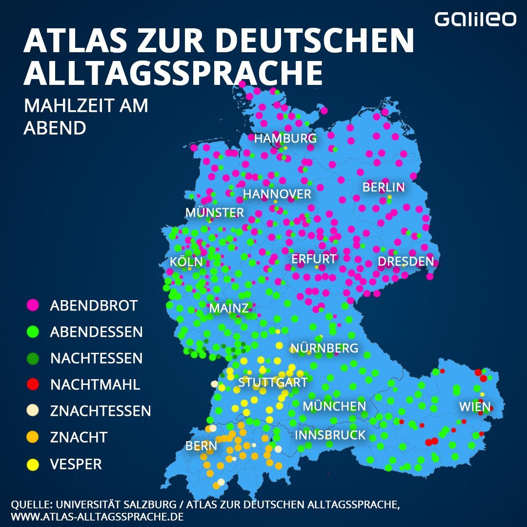Atlas zur Deutschen Sprache: So sagt man in unterschiedlichen Regionen zur Mahlzeit am Abend.