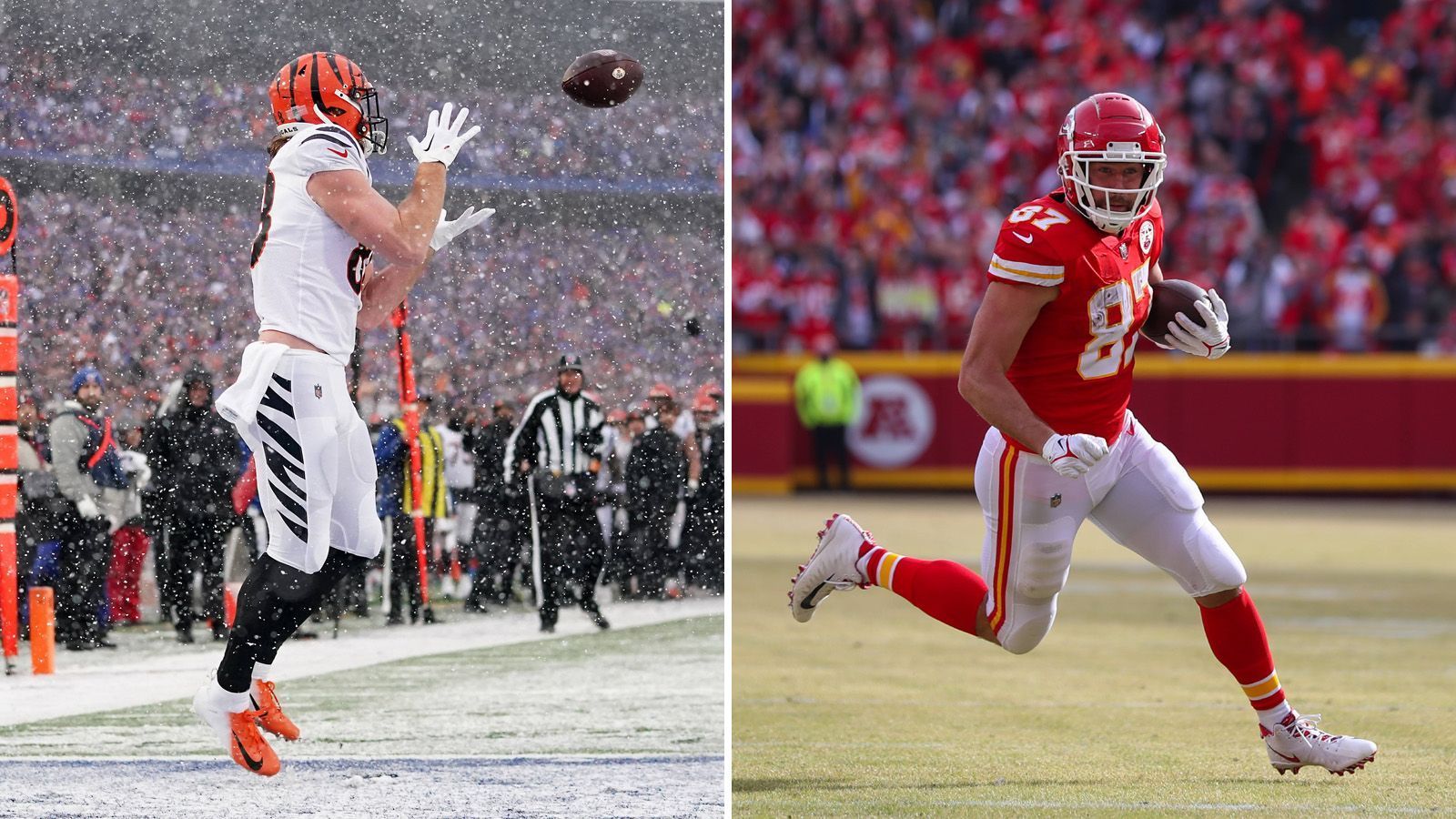 
                <strong>Tight Ends</strong><br>
                Travis Kelce ist und bleibt eine Ein-Mann-Abrissbirne für die Chiefs, gerade in den Playoffs. Gegen die Jaguars drehte der Tight End so richtig auf und füllte den Statistik-Bogen mit 14 Receptions für 98 Passing Yards und zwei Touchdowns fast nach Belieben. Kelce hat in jedem seiner letzten sieben Postseason-Einsätze mindestens 90 Receiving Yards erzielt. In sechs dieser Spiele fand er zudem den Weg in die Endzone. Vor den Bengals liegt entsprechend eine Herkulesaufgabe, wenn Playoff-Kelce nicht wie im Vorjahr heißlaufen soll. Der 33-Jährige wurde unter der Woche trotz voller Teilnahme am Training kurz als fraglich eingestuft, soll aber ohne Einschränkung spielen können. Im AFC Championship Game der letzten Saison gelangen ihm 95 Yards und ein Touchdown. Auf der Gegenseite war Hayden Hurst in der Divisional Round gegen die Bills einer der heimlichen Gewinner (59 YDS, 1 TD) und erhielt generell zuletzt immer mehr Anspiele in der Offense. In den letzten drei Spielen gelangen dem Tight End jeweils mindestens vier Catches. Dennoch: Ein Vergleich mit einem zukünftigen Hall-of-Famer verbietet sich. 2:2, Punkt für die Chiefs
              