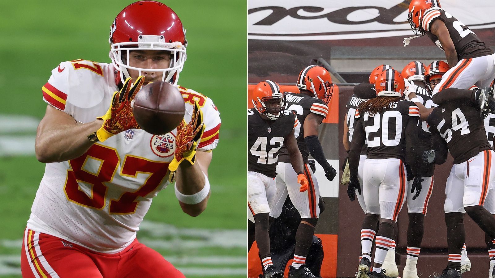 
                <strong>Browns at Chiefs: Travis Kelce vs. Browns Defense</strong><br>
                Eines der Lieblingsziele von Patrick Mahomes ist Travis Kelce, das menschliche Missmatch. 1,96 Meter groß, fast 120 Kilogramm schwer und schnell und beweglich wie ein Slot Receiver. Die 1.416 Receiving Yards in der Regular Season sind ein Rekord für Tight Ends, dazu kommen elf Touchdowns. Kelce zu stoppen wird ein Job für die komplette Defense der Browns.
              