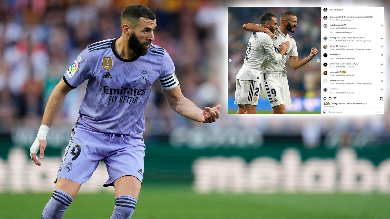 
                <strong>Netzreaktionen zu Karim Benzemas Real-Abschied</strong><br>
                Mit Dani Carvajal richtete ein weiterer Real-Star Abschiedsworte in Richtung Benzema: "Vielen Dank, vielen Dank, Kapitän."
              