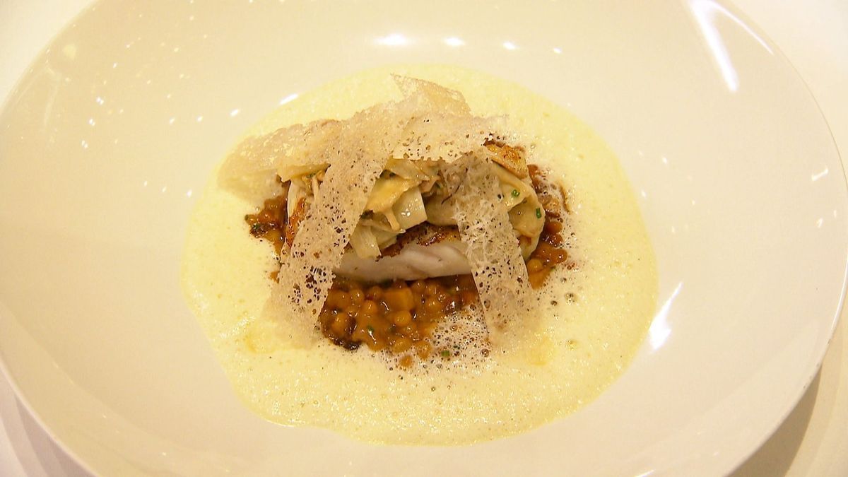 Steinbutt mit Fregola Sarda und Parmesan