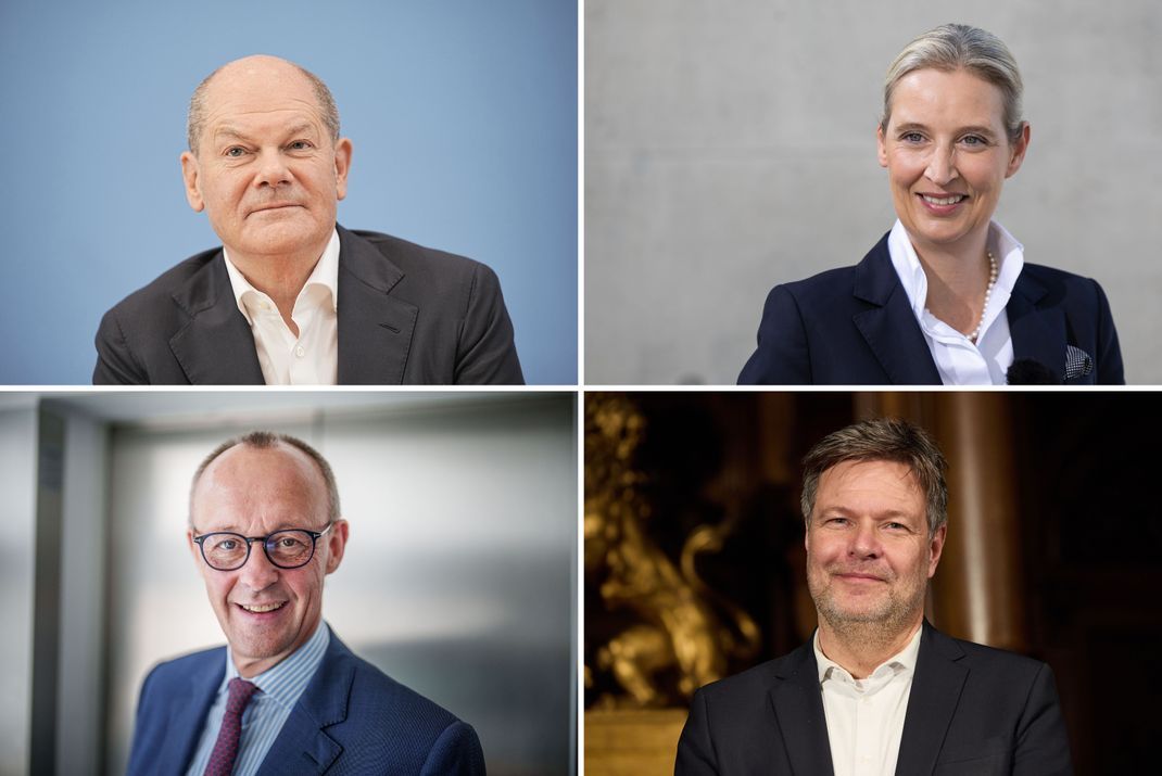 Nicht auf jedem Stimmzettel: Olaf Scholz (SPD, oben links), Alice Weidel (AfD, oben rechts), Friedrich Merz (CDU, unten links) und Robert Habeck (Grüne).