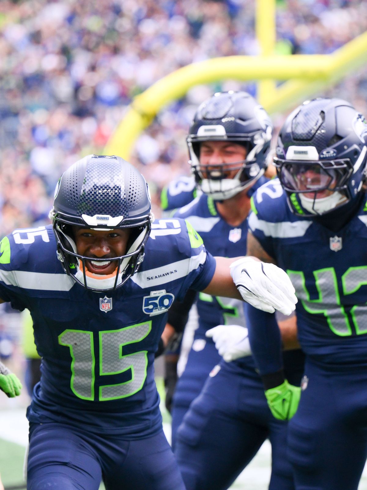 NFL, American Football Herren, USA New Orleans Saints at Seattle Seahawks Sep 21, 2025; Seattle, Washington, USA; Seattle Seahawks wide receiver Tory Horton (15) celebrates after scoring a 95 yard ...