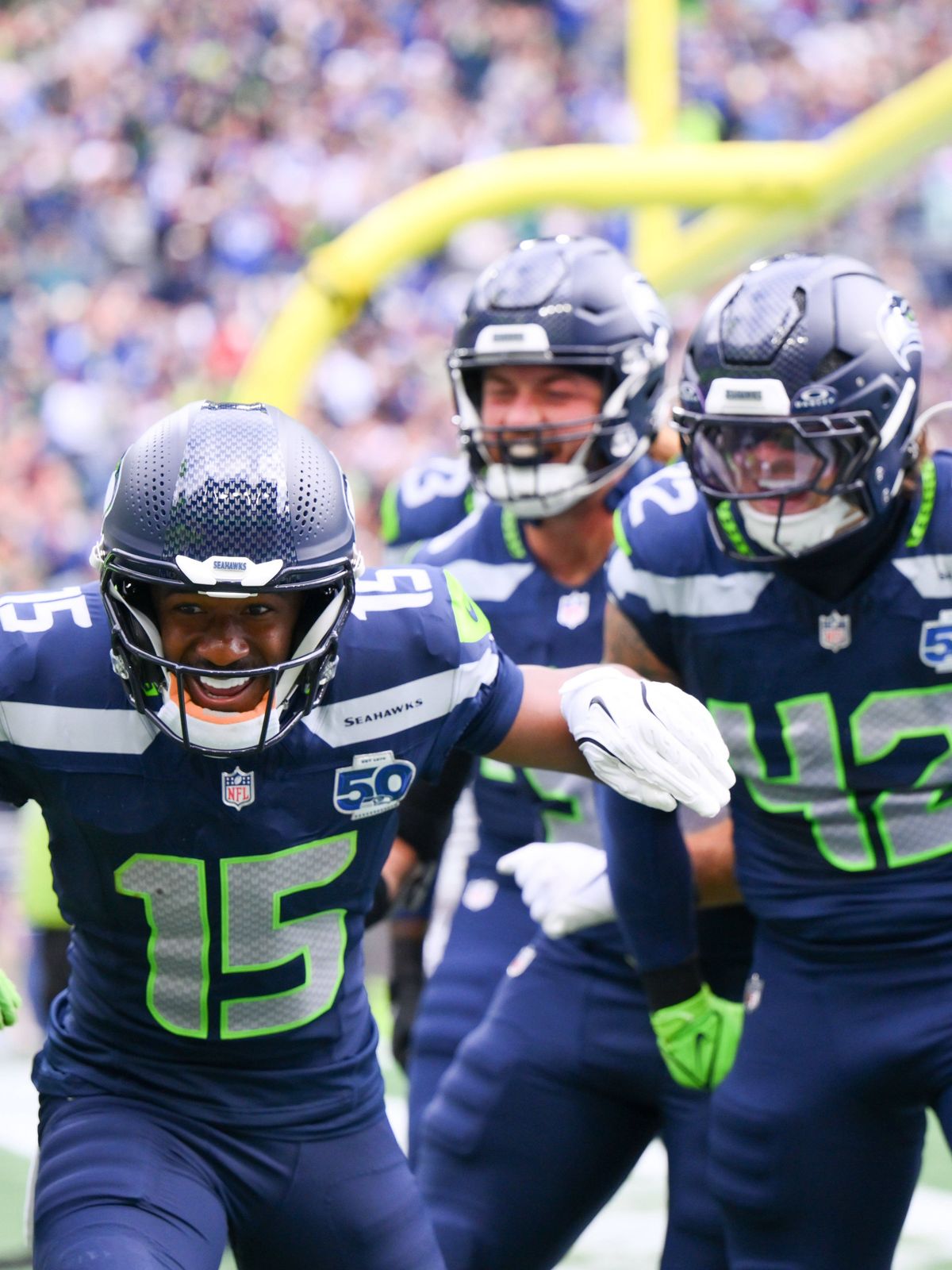 NFL, American Football Herren, USA New Orleans Saints at Seattle Seahawks Sep 21, 2025; Seattle, Washington, USA; Seattle Seahawks wide receiver Tory Horton (15) celebrates after scoring a 95 yard ...