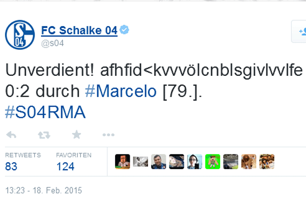 
                <strong>Wie? Was? Warum? Häh???</strong><br>
                Schön auch, was Schalke so während des Spiels twittert. Aber was genau soll "afhfid<kvvvölcnblsgivlvvlfe" bedeuten? Comic-Sprache für Wörter, die wir auch niemals schreiben würden?
              