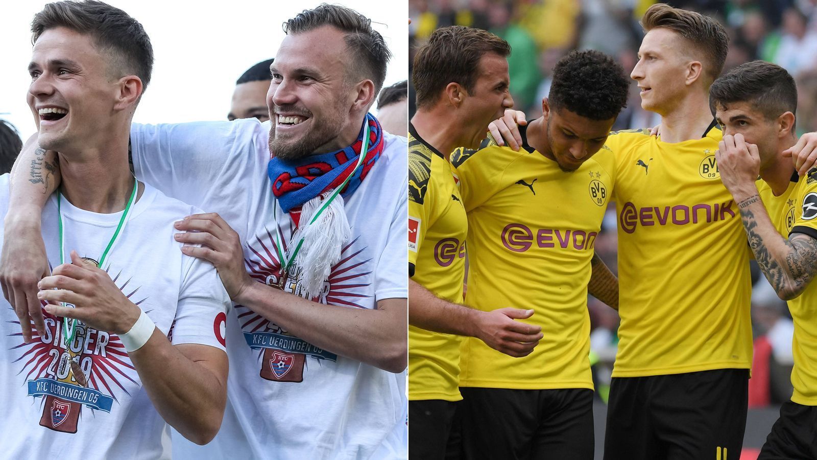 
                <strong>KFC Uerdingen - Borussia Dortmund</strong><br>
                "Jaaaaaaaaaaaaaaaaaaaaaaaaaaaa. Ich kann es nicht fassen!!! So schließt sich der Kreis. Ich spiele nicht nur gegen Freunde , sondern gegen meine Familie. Ich werde dieses Spiel von der ersten bis zur letzten Sekunde genießen", schrieb Uerdingens Kevin Großkreutz (2.v.l.) unmittelbar nach der Pokal-Auslosung bei Instagram, die für den ambitionierten Drittligisten das Los Borussia Dortmund brachte. Damit wurde Großkreutz' Wunsch erfüllt, der Routinier darf gegen seinen Herzensklub ran. Die Uerdinger, die im Frühjahr 2019 in der 3. Liga nur noch wenig überzeugend agierten, sicherten sich mit dem 2:1-Sieg im Finale des Niederrheinpokals gegen den Wuppertaler SV das Ticket für den DFB-Pokal. Gespielt wird die Begegnung gegen den BVB in Düsseldorf, wo der KFC in der nächsten Saison seine Heimspiele austragen wird. Zuletzt trafen Uerdingen und der BVB im Jahr 1996 aufeinander. Damals gewann die Borussia in der Bundesliga gegen damals noch Bayer Uerdingen mit 5:0.
              