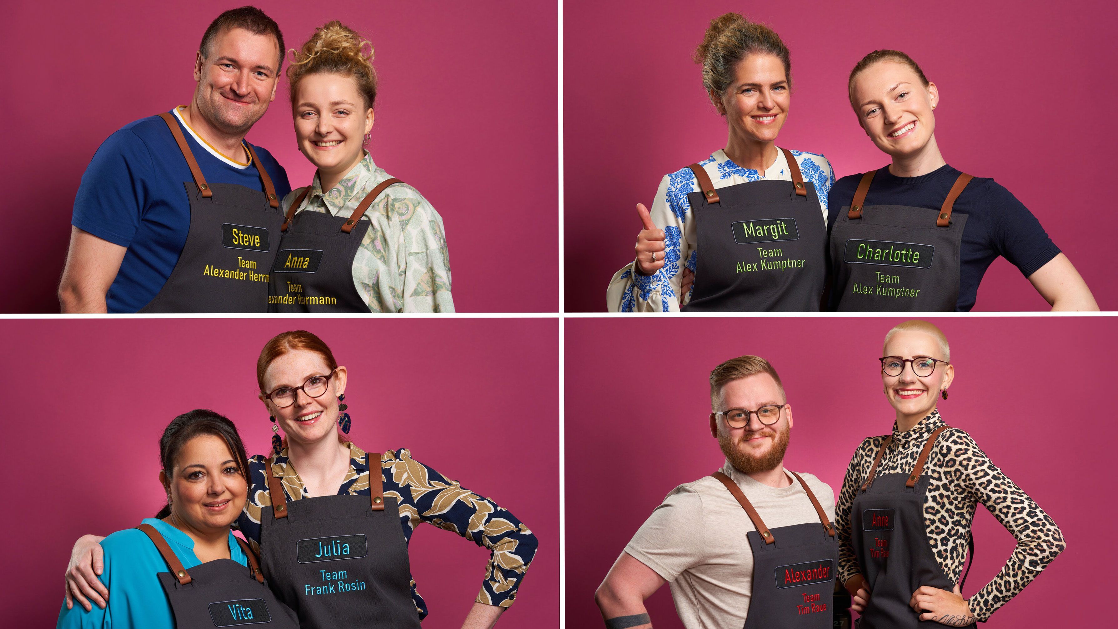 Team Gelb: Steve und Anna, Team Grün: Margit und Charlotte, Team Blau: Vita und Julia, Team Rot: Alex und Anne