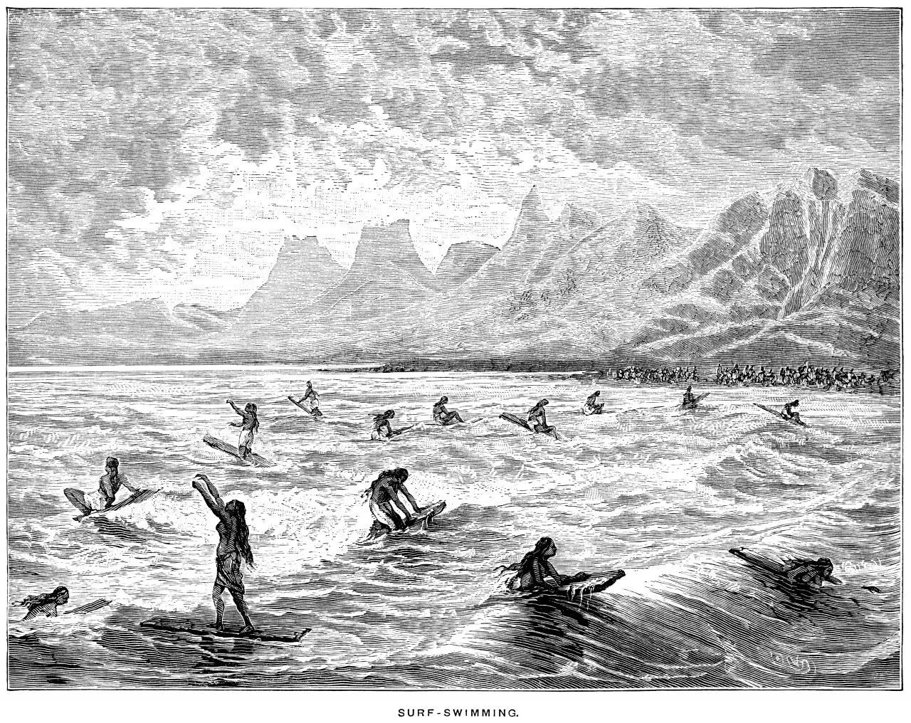 Es begann in Polynesien: Hier entdeckte man Höhlen-Malereien aus dem 12. Jahrhundert, die die ersten Surf-Versuche zeigen. Die Bevölkerung der pazifischen Insel-Gruppe setzte beim Abreiten der Wellen zunächst nur den Körper ein und erfanden damit das Body-Surfing. Später gaben Binsen-Bündel, kleinere Baumstämme, Holzplanken oder Kanu-Spitzen dem Körper mehr Auftrieb. Im Lauf der Zeit dann surften die Polynesier:innen auf größ