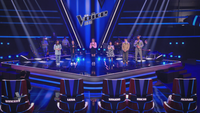 Entscheidung bei den Sing-Offs von "The Voice Kids" 2024: Christina, Yuval, Rosalie, Erika und Jakob stehen mit Thore auf der Bühne