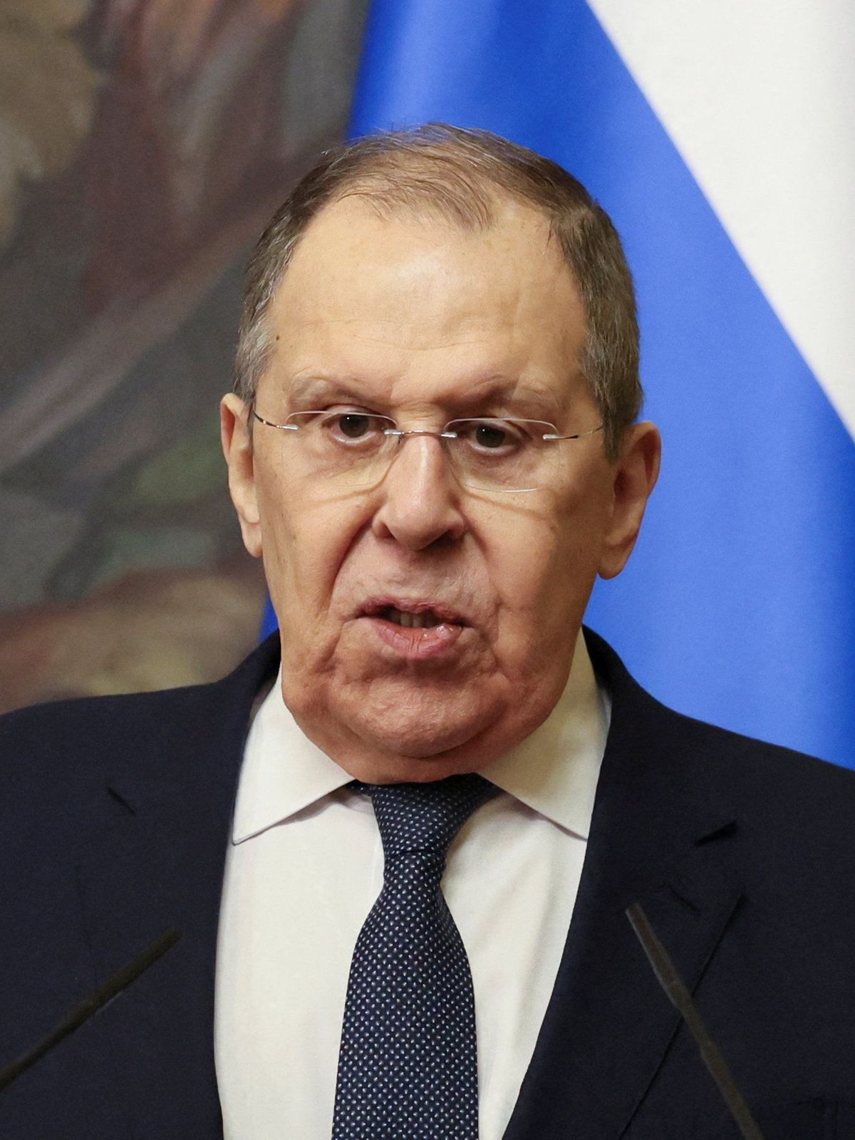 Der russische Außenminister Sergei Lawrow während einer Pressekonferenz nach Gesprächen mit dem syrischen Außenminister Asaad Hassan al-Shibani in Moskau.