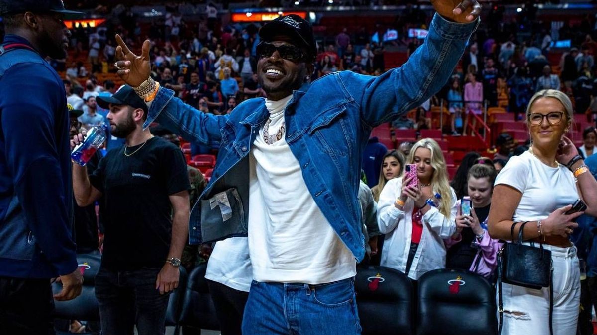July 11, 2025: Former NFL wide receiver Antonio Brown reacts courtside after the Miami Heat defeated Detroit 105-98 after four quarters of an NBA game at FTX Arena in Downtown Miami, Florida, on Tu...