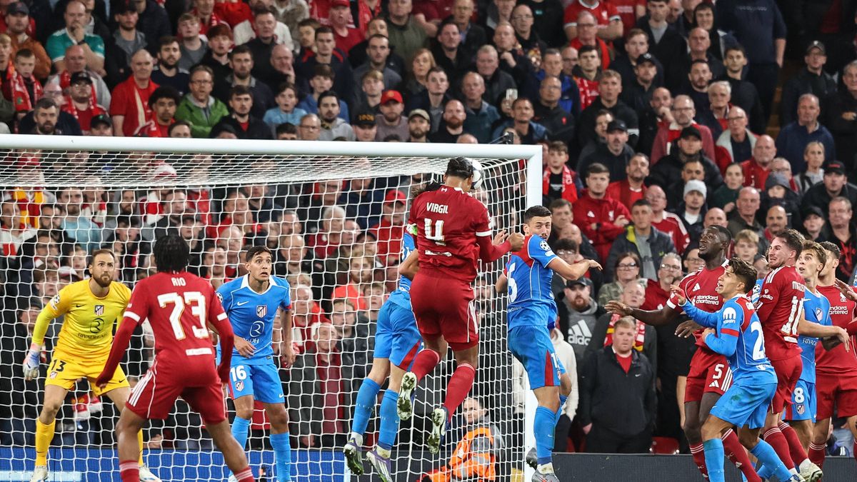 UEFA Champions League, League Stage Liverpool v Atletico Madrid Virgil van Dijk of Liverpool scores to make it 3-2 during the UEFA Champions League, League Stage Liverpool vs Atletico Madrid at Anf...