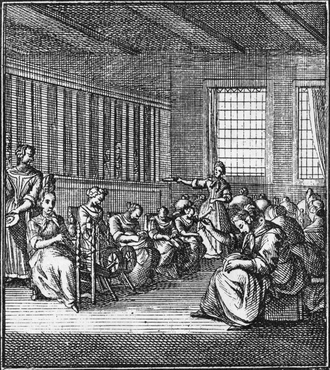 Zwangsarbeit in einem Spinnhaus: Der Kupferstich von Christoph Weigel (1554 – 1725) zeigt Insassinnen und Wachpersonal.