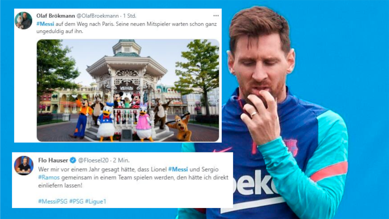 
                <strong>So reagiert das Internet auf das Messi-Beben</strong><br>
                Messi, Neymar und Mbappe? Wohl eher Messi, Donald Duck und Mickey Mouse denkt sich Twitter-Nutzer "Olaf Brökmann". Ob Messi zu PSG oder ins Disney Land wechselt ist bisher noch nicht ganz raus. ran-Kommentator Flo Hauser denkt schonmal einen Schritt weiter. Die langjährigen Kapitäne des FC Barcelona und von Real Madrid spielen nun gemeinsam in einem Team. Auch Sergio Ramos wechselte kürzlich in die französische Hauptstadt. 
              