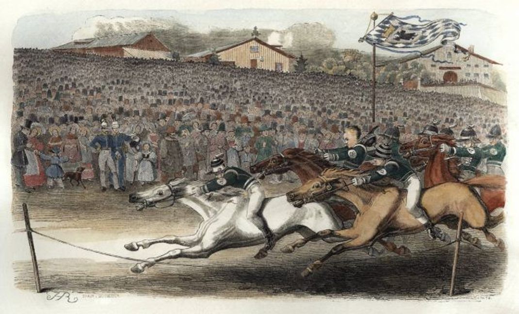 Das Rennen um die Wiesn: Am Anfang, 1810, war das Oktoberfest ein Pferderennen. Dieser kolorierte Holzstich stammt von 1845. Das Pferderennen wurde erst zwischen den beiden Weltkriegen als fester Bestandteil des Volksfestes abgeschafft.