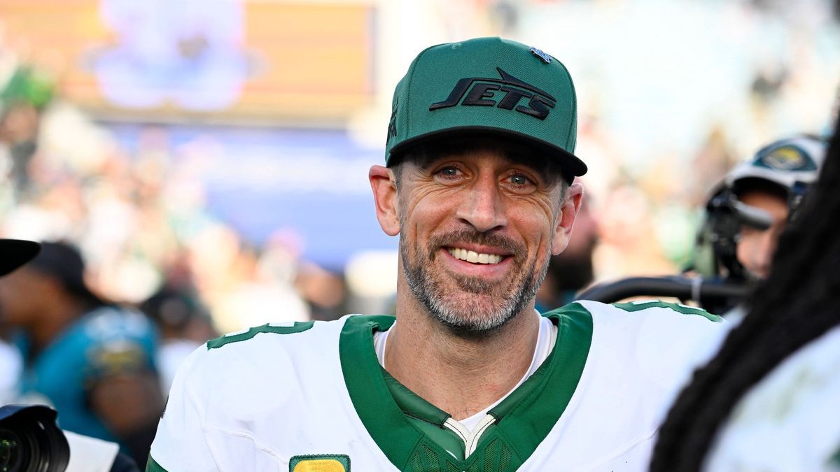 Jets Quarterback Aaron Rodgers smiles after the Jets competed against the Jaguars at the EverBank Stadium in Jacksonville, Florida on Sunday December 15, 2024. New York defeated Jacksonville by a s...