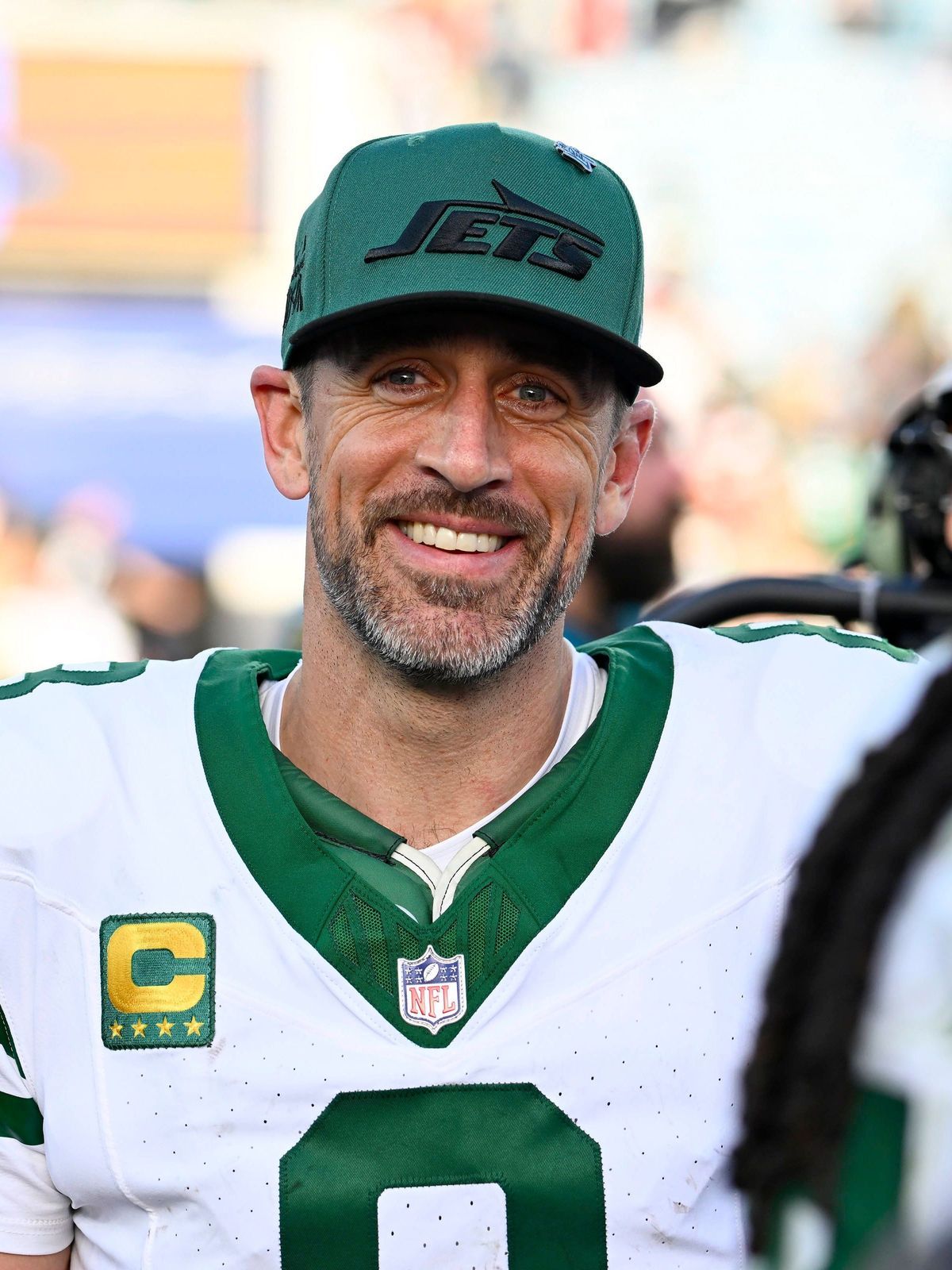 Jets Quarterback Aaron Rodgers smiles after the Jets competed against the Jaguars at the EverBank Stadium in Jacksonville, Florida on Sunday December 15, 2024. New York defeated Jacksonville by a s...