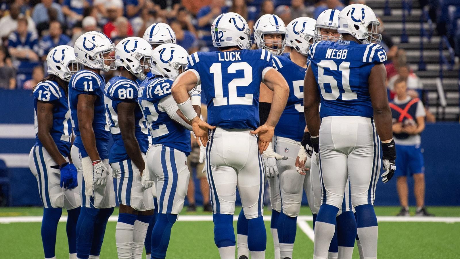 
                <strong>Indianapolis Colts</strong><br>
                Quarterback (2): Jacoby Brissett, Andrew LuckRunning Back (4): Jordan Wilkins, Christine Michael, Nyheim Hines, Marlon MackWide Receiver (5): Marcus Johnson, Zach Pascal, Ryan Grant, T.Y. Hilton, Chester RogersTight End (4): Ryan Hewitt, Erik Swoope, Eric Ebron, Jack DoyleOffensive Line (10): Ryan Kelly, Matt Slauson, Quenton Nelson, Braden Smith, Mark Glowinski, Le'Raven Clark, J'Marcus Webb, Anthony Castonzo, Denzelle Good, Joe HaegDefensive Line (9): Al-Quadin Muhammad, Kemoko Turay, Jabaal Sheard, Tarell Basham, Margus Hunt, Grover Stewart, Al Woods, Hassan Ridgeway, Denico AutryLinebacker (6): Skai Moore, Najee Goode, Zaire Franklin, Matthew Adams, Darius Leonard, Anthony WalkerSecondary (10): Chris Milton, Pierre Desir, Kenny Moore II, Quincy Wilson, Nate Hairston, Corey Moore, George Odum, Malik Hooker, Clayton Geathers, Matthias FarleySpecialists (3): Adam Vinatieri, Luke Rhodes, Rigoberto Sanchez
              