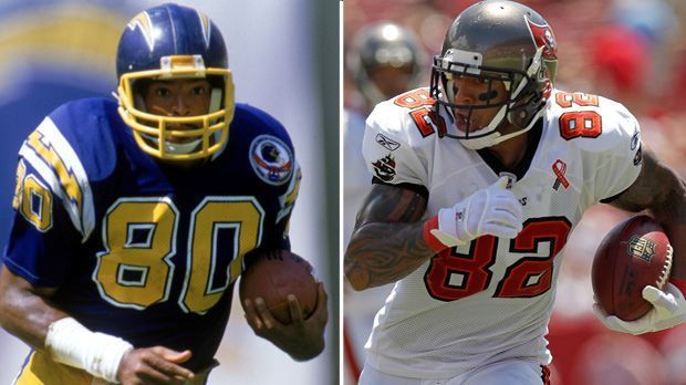 
                <strong>Kellen Winslow und Kellen Winslow II</strong><br>
                Familie Winslow: Gleicher Name - gleiche Position. Kellen Winslow (re.) und sein Sohn Kellen Winslow II sind jeweils als Tight End aktiv. Während der Vater den San Diego Chargers zwischen 1979 und 1987 die Treue hält, versucht sich der Junior bei fünf verschiedenen Klubs - zuletzt 2013 bei den New York Jets.
              