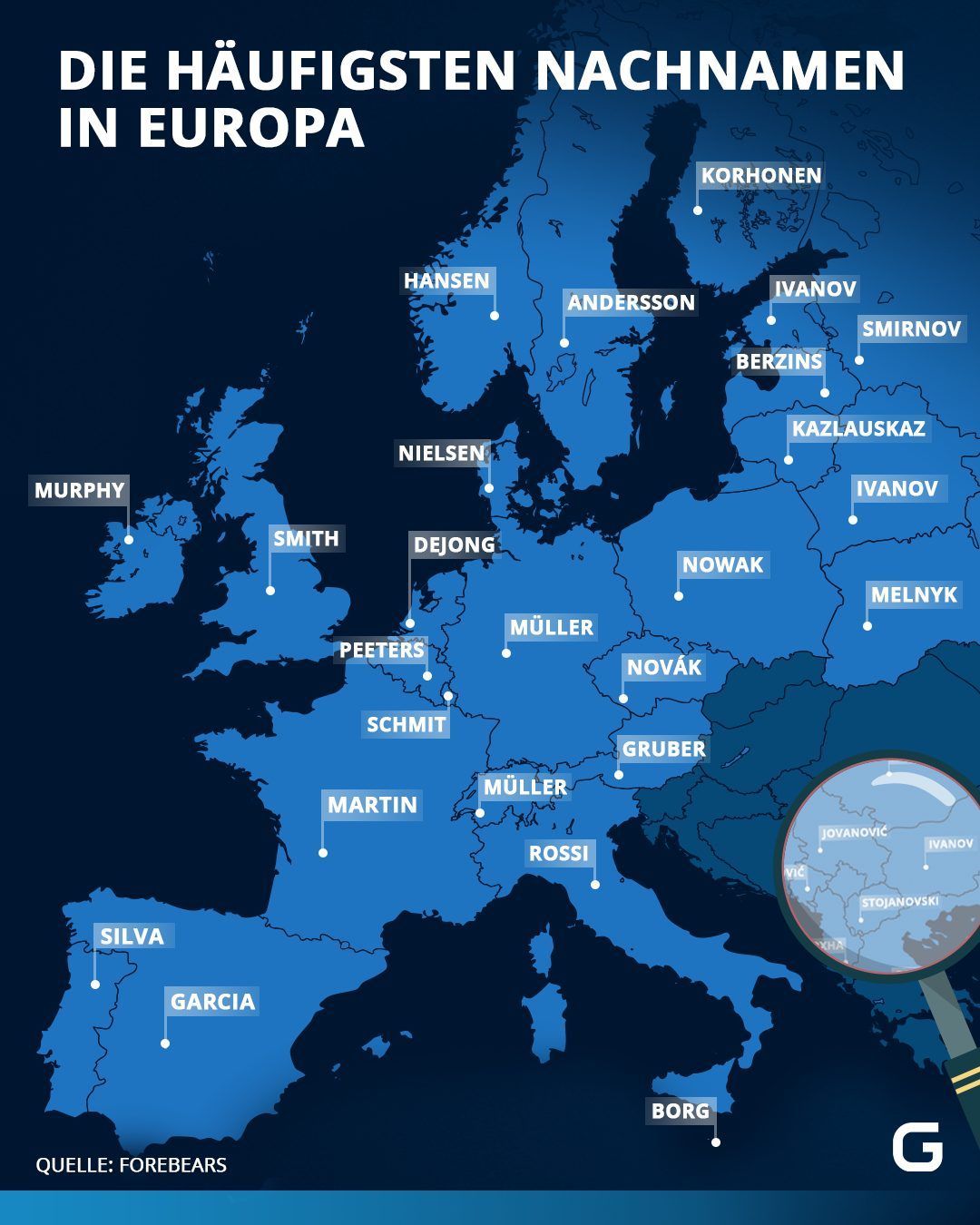 Die häufigsten Nachnamen in Europa unterteilt nach Ländern.