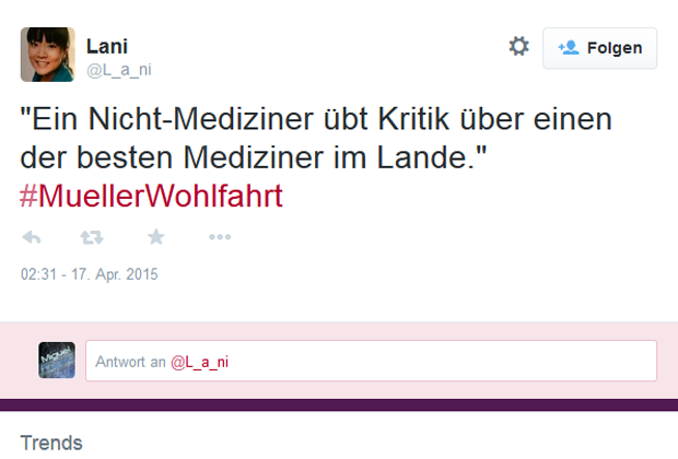 
                <strong>Twitterreaktionen auf das Müller-Wohlfahrt-Aus</strong><br>
                Wenn die Hintergründe stimmen, ist das auf den Punkt gebracht ...
              