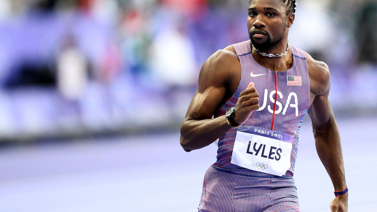 Noah Lyes of United States of America reacts after comepting in the 100m men semifinal during the Paris 2024 Olympic Games, Olympische Spiele, Olympia, OS at Stade de France in Paris (France), Augu...