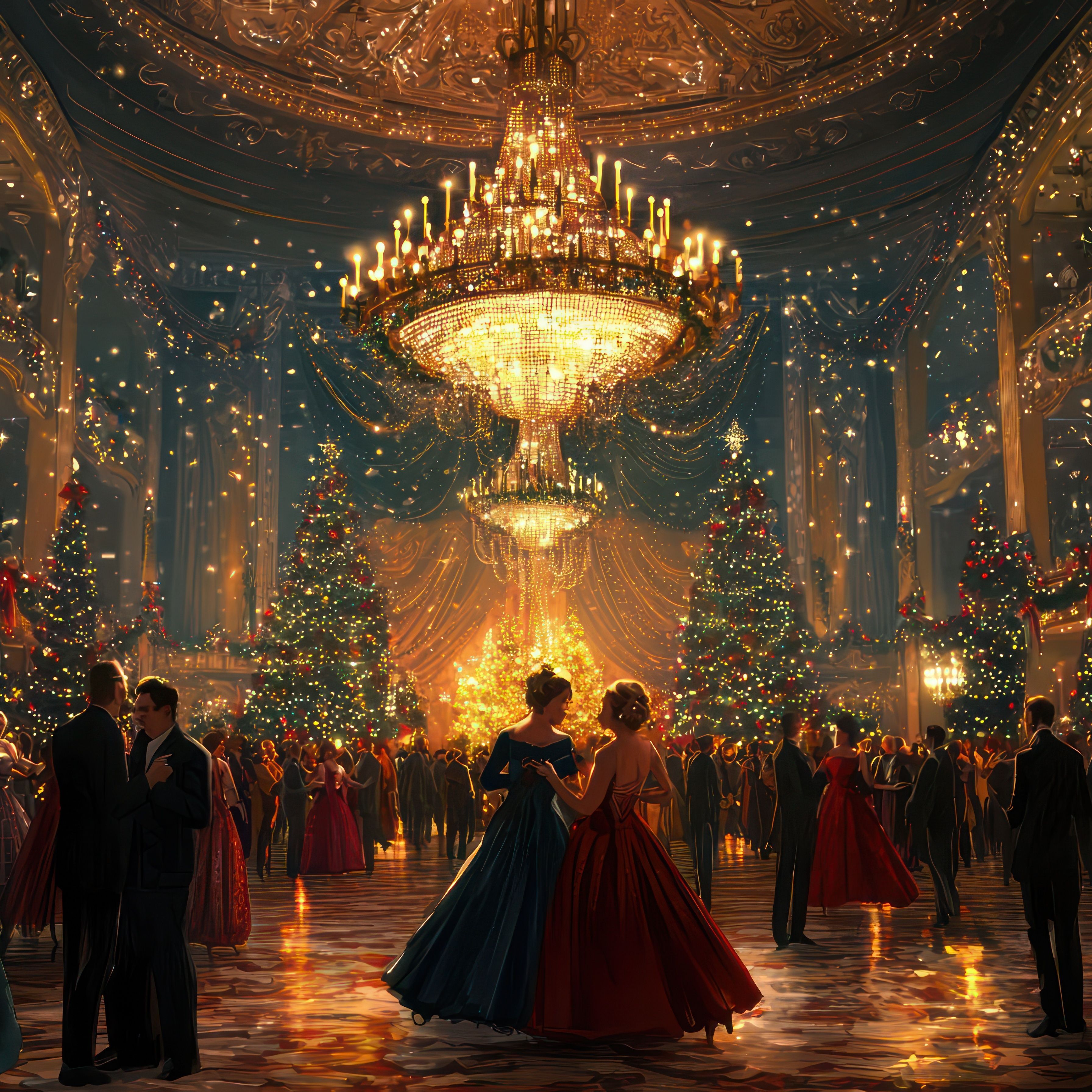 A grand Christmas ball in an ornate ballroom, with guests in holiday attire dancing under a giant chandelier