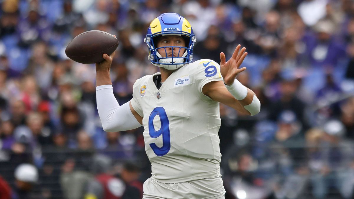 October 12, 2025: Los Angeles Rams quarterback Matthew Stafford (9) in action during a game against the Baltimore Ravens at M&T Bank Stadium in Baltimore, MD. Photo Mike Buscher Cal Media. Baltimor...