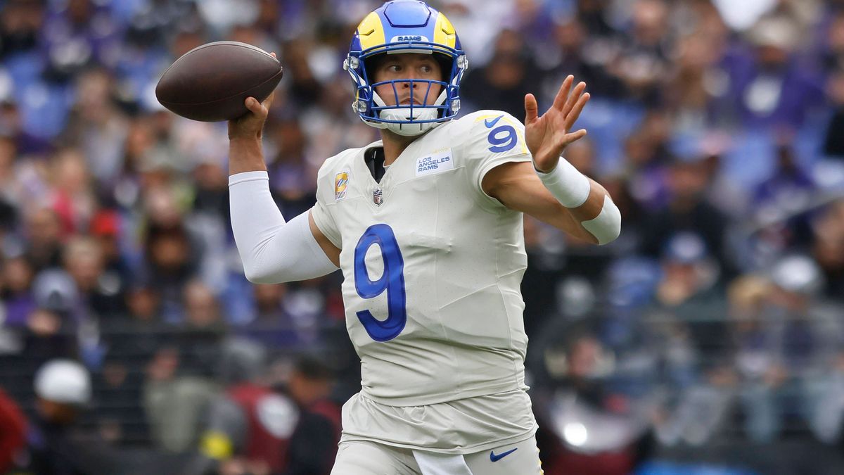 October 12, 2025: Los Angeles Rams quarterback Matthew Stafford (9) in action during a game against the Baltimore Ravens at M&T Bank Stadium in Baltimore, MD. Photo Mike Buscher Cal Media. Baltimor...