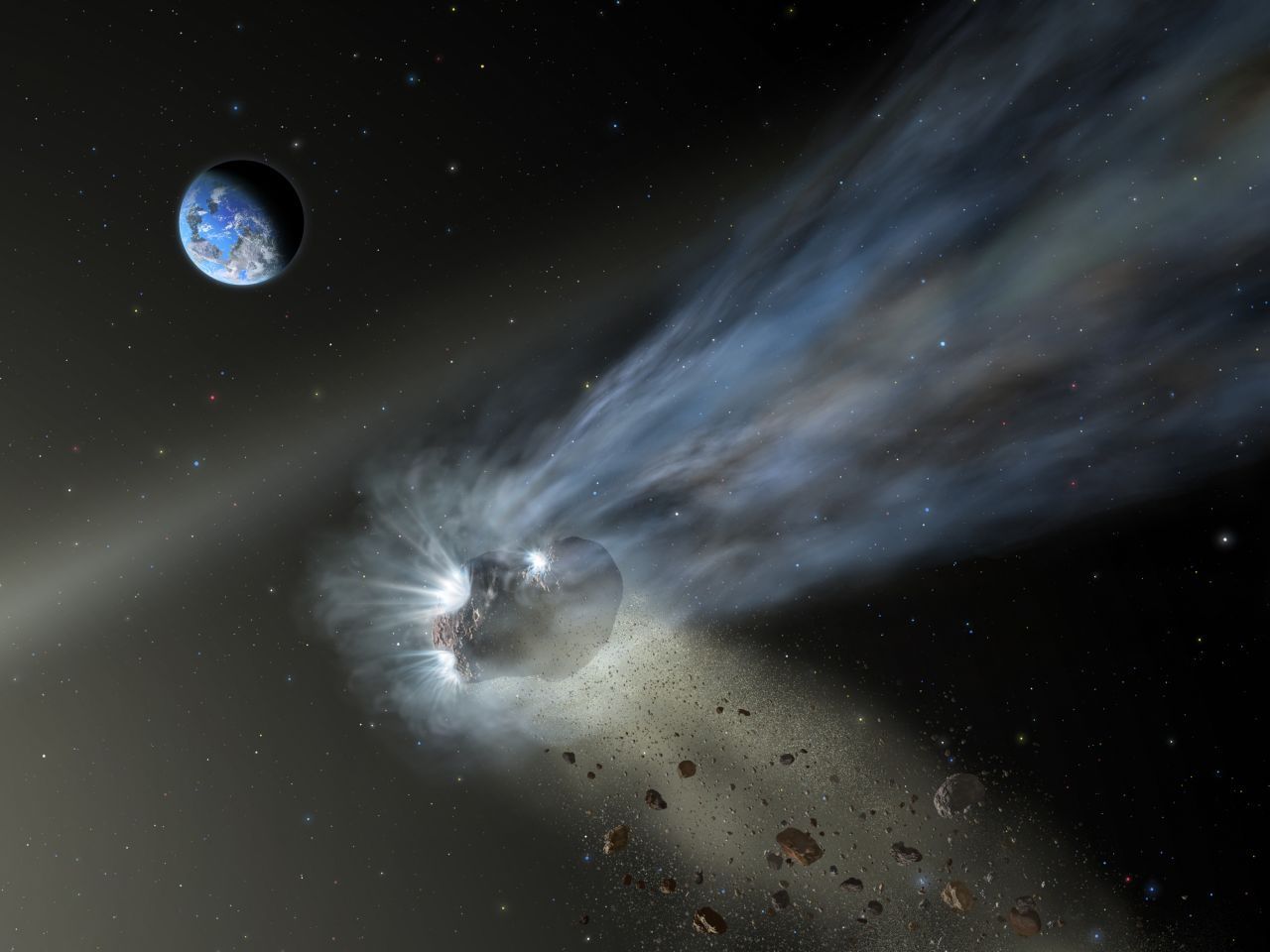 Auf dem Weg um die Sonne hinterlassen die Kometen eine breite Spur aus Trümmerteilen. Wenn die Erde diese Spur kreuzt, verglüht ein Teil davon in der Atmosphäre. Das Resultat ist ein Meteorschauer.