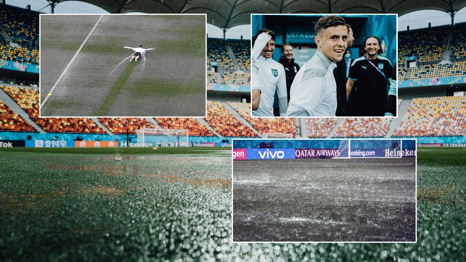 
                <strong>Wolkenbruch beim ÖFB-Training in Bukarest</strong><br>
                Österreichs Nationalmannschaft bereitet sich auf das erste EM-Vorrundenspiel in Bukarest gegen Nordmazedonien vor (Sonntag, 13. Juni, ab 18 Uhr im Liveticker). Dabei musste das ÖFB-Team erst warten und dann sogar improvisieren. Ein Wolkenbruch verhinderte die pünktliche Durchführung des Abschlusstrainings, doch die Spieler hatten ihren Spaß. 
              