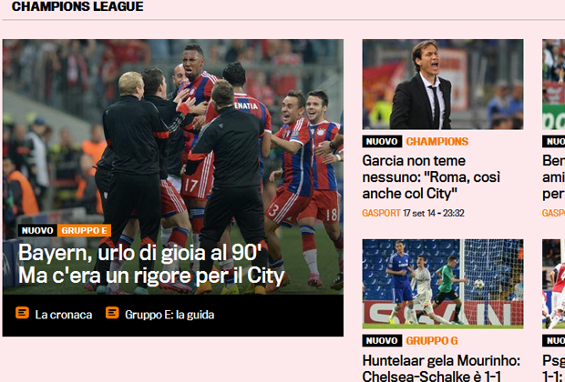 
                <strong>Gazzetta dello Sport</strong><br>
                Die Italiener von der Gazetta delloSport drücken es wieder so schön blumig aus: "Bayern schreien in der 90., aber was für eine Strafe für City"
              