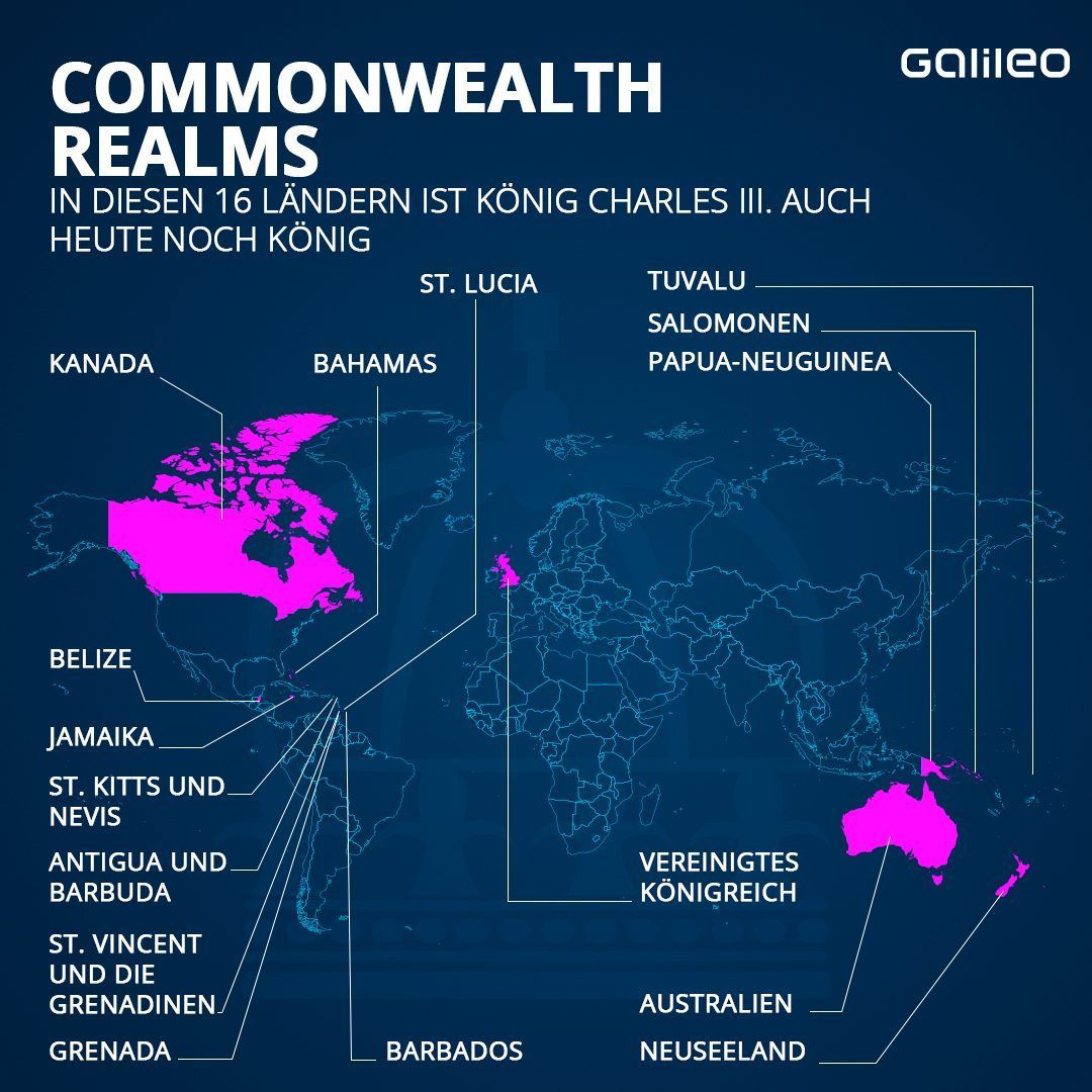 In diesen 16 Ländern ist der britische Monarch König Charles III. auch heute noch König. 