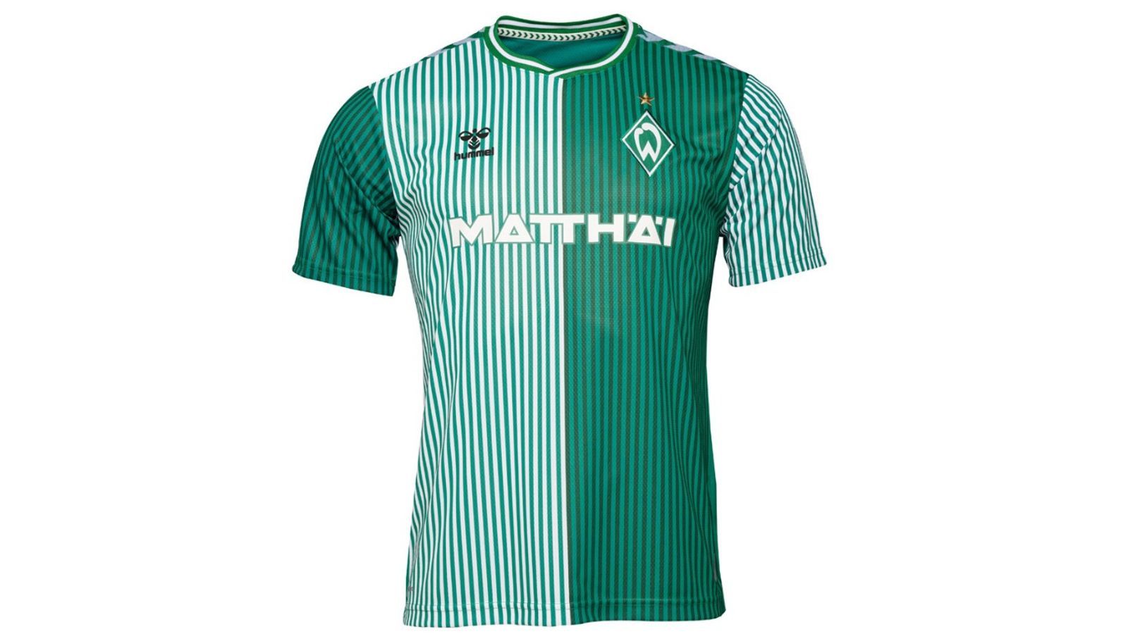 <strong>Platz 1: Werder Bremen</strong><br>Auch Bremen badet in Nostalgie und spielt im Retrodesign - Anlass ist allerdings das Jubiläum des Ausrüsters. Aber wenn so eine Schönheit dabei rauskommt, feiert man auch solche Geburtstage. Eine Hälfte des Trikots ist grün-weiß, die andere tonal grün gestreift. Das Muster ist gewagt, aber stimmig und zwingt zum Hinschauen. Geht's schöner? Vielleicht schon, aber das ist ja immer Geschmackssache.&nbsp;