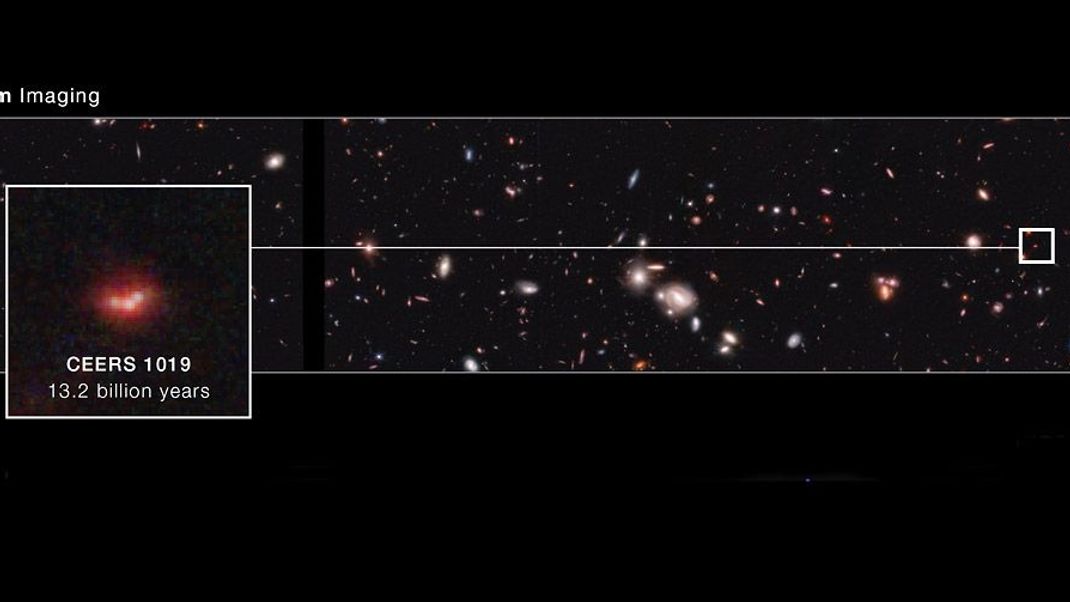 Das zentrale Schwarze Loch der Galaxie CEERS 1019 existierte schon 570 Millionen Jahre nach dem Urknall.