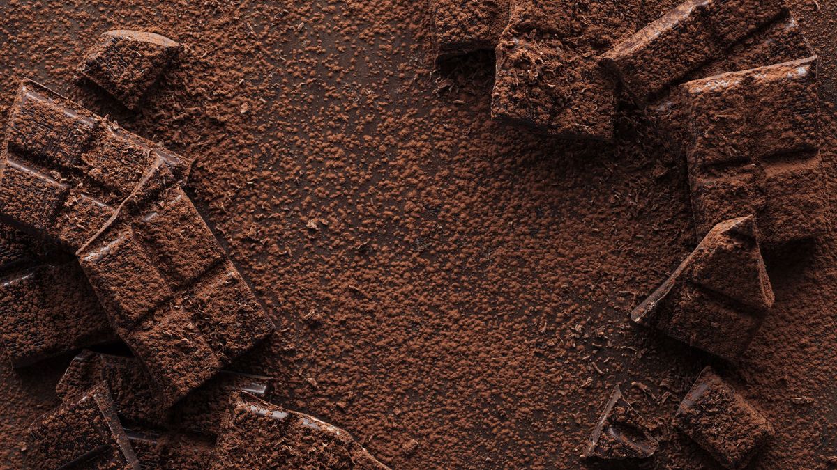 Top view of pieces of chocolate with chocolate chips on metal background
