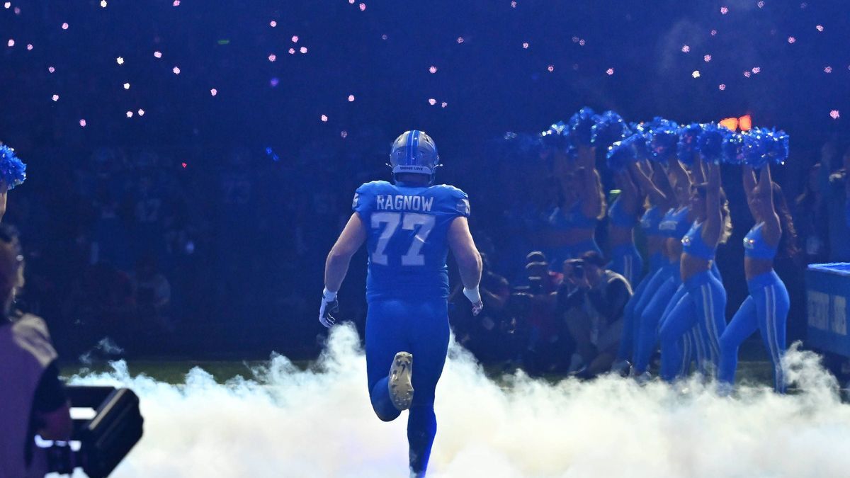 DETROIT, MI - JANUARY 18: Detroit Lions center Frank Ragnow (77) is introduced during pregame introductions prior to the NFC Divisional Playoff game between the Detroit Lions and the Washington Com...