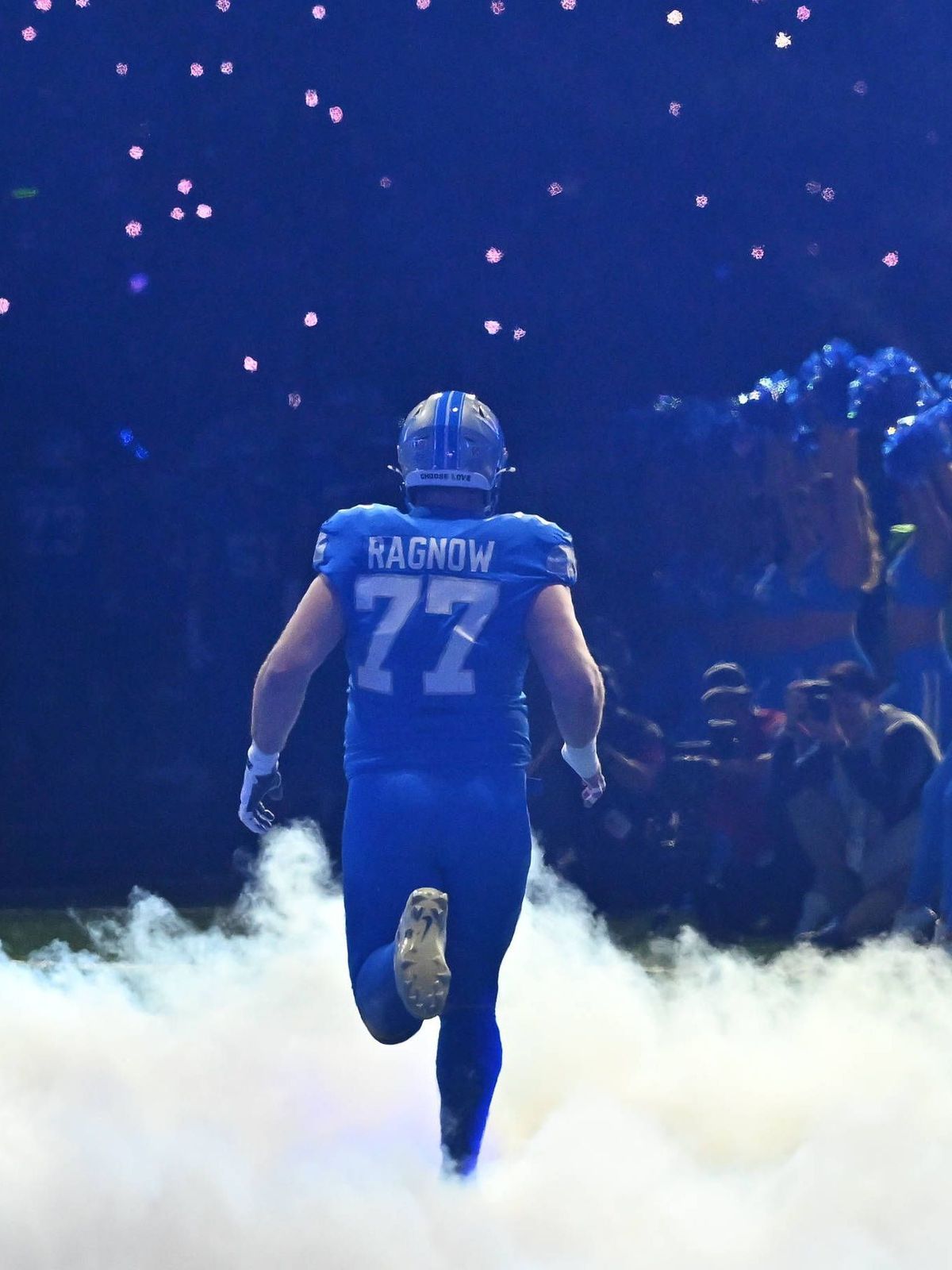 DETROIT, MI - JANUARY 18: Detroit Lions center Frank Ragnow (77) is introduced during pregame introductions prior to the NFC Divisional Playoff game between the Detroit Lions and the Washington Com...