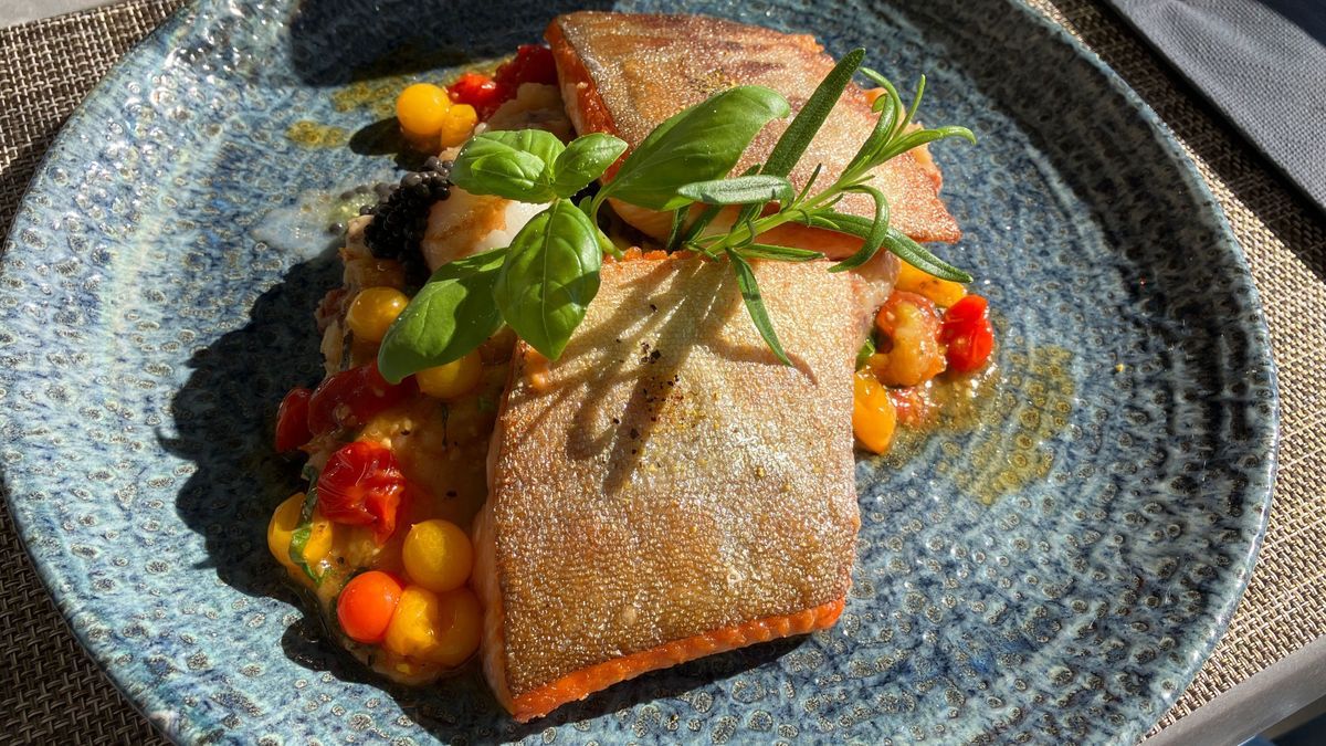 Saiblingsfilet, mediterraner Kartoffelstampf, gebratene Jakobsmuschel und Tomatenvinaigrette