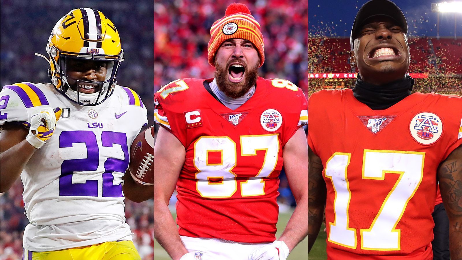 
                <strong>Gewinner: Chiefs-Offense</strong><br>
                Natürlich profitiert vor allem die Chiefs-Offense von diesem Deal. Besonders Tight End Travis Kelce (mi.) darf feiern. Denn zu ihm hat Mahomes eine besondere Verbindung, Kelce ist bekanntermaßen der Lieblings-Receiver. Das bleibt erstmal auf lange Sicht so. Wide Receiver Mecole Hardman (re.) wurde 2019 von den Chiefs gedraftet und hat jetzt weiterhin die Chance, zusammen mit Mahomes die Liga in Angst und Schrecken zu versetzen. Da Hardman erst 22 Jahre alt ist und bisher nur Mahomes als seinen NFL-Quarterback kennt, kann er sich weiterhin darauf einstellen. Immerhin haben sie zusammen den Super Bowl geholt und er seinen Durchbruch erlebt. Jemand, der sich darauf freuen kann, ist Clyde Edwards-Helaire. Der Erstrundenpick der Chiefs kann als Running Back nur von Mahomes genialem Stil profitieren. Besseres Potenzial für eine gute Saison kann man als Rookie in dieser Offense kaum haben.
              