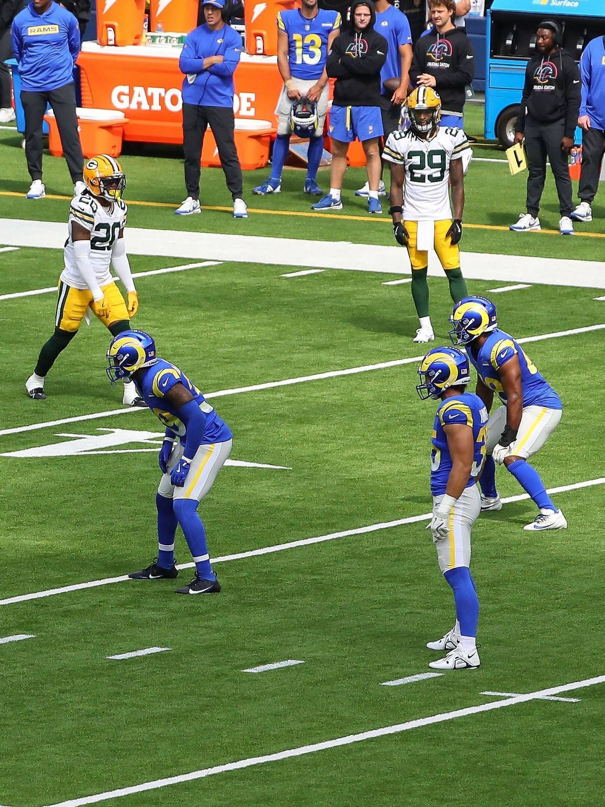 INGLEWOOD, CA - OCTOBER 6: NFL, American Football Herren, USA new kickoff line up during the NFL game between the Green Bay Packers and the Los Angeles Rams on October 06, 2024, at SoFi Stadium in ...