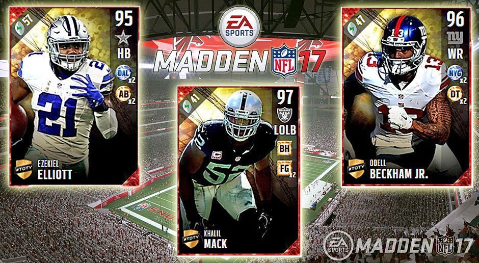 
                <strong>Madden NFL 17 - EA Sports</strong><br>
                EA Sports veröffentlicht das Team des Jahres in Madden NFL 17! Dabei erhalten die auserkorenen Spieler ein Upgrade im Ultimate Team und sind online verfügbar. ran.de stellt Euch die Auswahl vor.
              