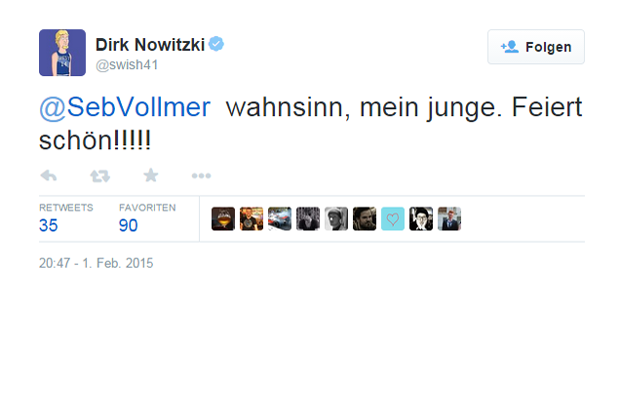 
                <strong>Dirk Nowitzki</strong><br>
                Anschließend ließ er eine Gratulation an den deutschen Super Bowl-Gewinner Sebastian Vollmer folgen.
              