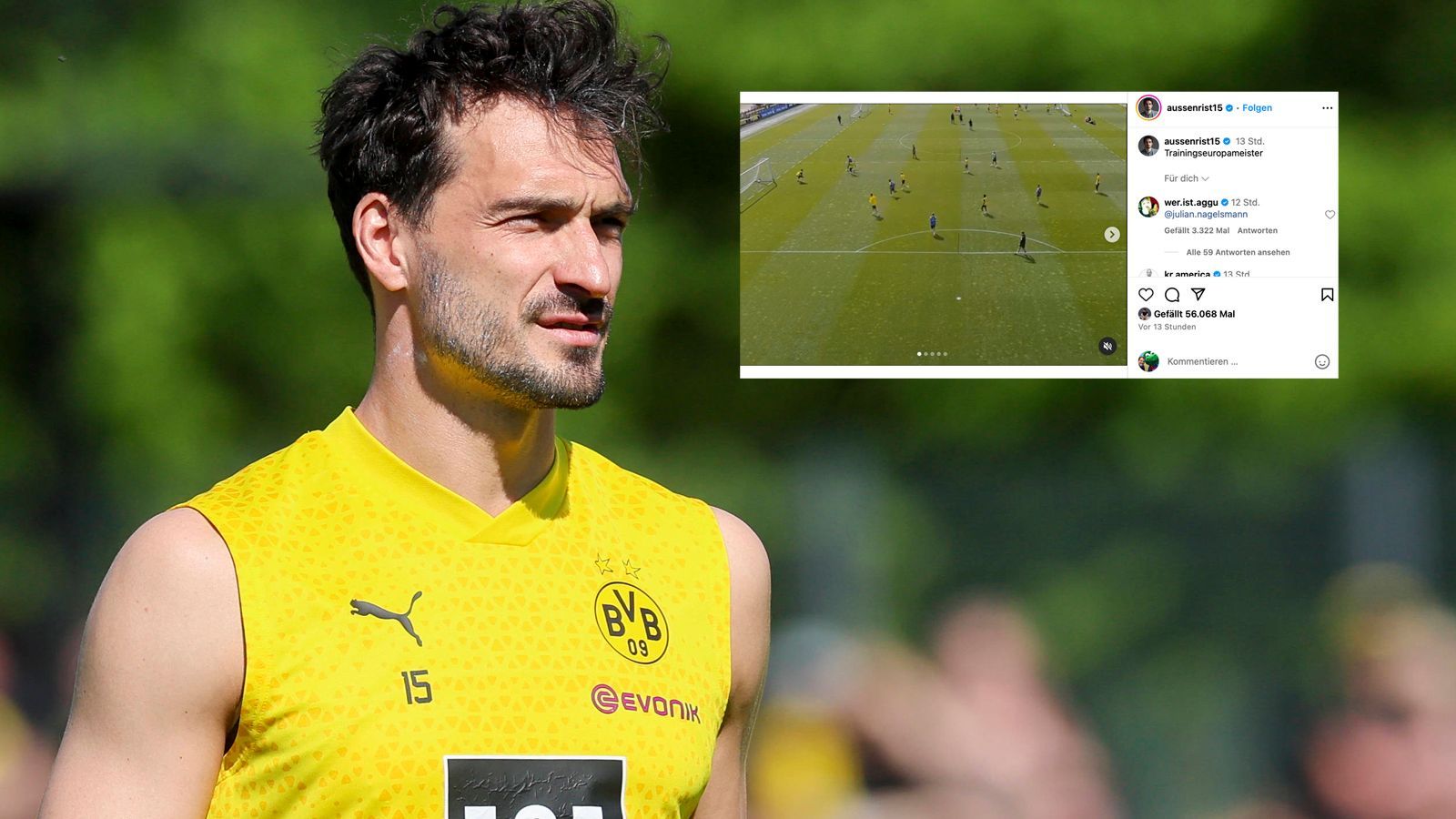 <strong>Hummels-"Gruß" an Nagelsmann</strong> <br>Kleine, aber feine Stichelei von Mats Hummels. Nachdem der Abwehrchef von Borussia Dortmund von Borussia Dortmund nicht für das EM-Aufgebot der deutschen Nationalmannschaft berufen wurde, postete der 35-Jährige auf Instagram einen Beitrag, in dem er sich selbst zum "Trainingseuropameister" ernannte.&nbsp;