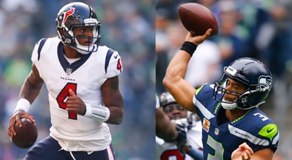 
                <strong>Gewinner: Quarterback-Battle Watson gegen Wilson</strong><br>
                So wird Football gucken zum Erlebnis: Die beiden Quarterbacks Russell Wilson (Foto rechts) und Deshaun Watson haben beim Duell der Seattle Seahawks und der Houston Texans ein echtes Pass-Spektakel abgeliefert. Es war das erste Spiel der NFL-Geschichte, bei dem beide Quarterbacks auf mindestens 400 Passing-Yards, vier Touchdown-Pässe und 50 Rushing Yards kamen. 
              